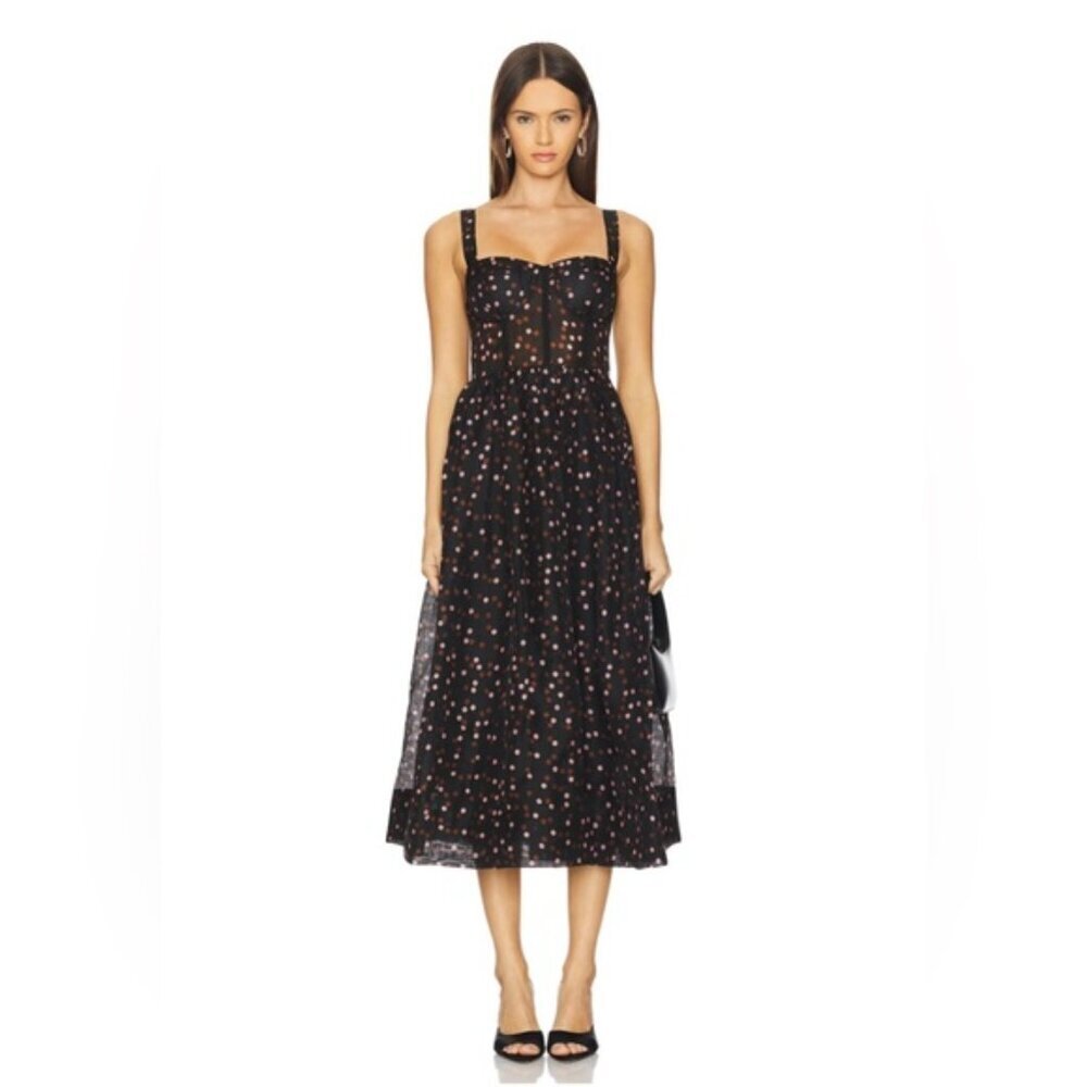 NEW Cara Cara Pheobe Midi Linen Silk Dress Stamped Dot Black US 6 UK 10 - Picture 1 of 16